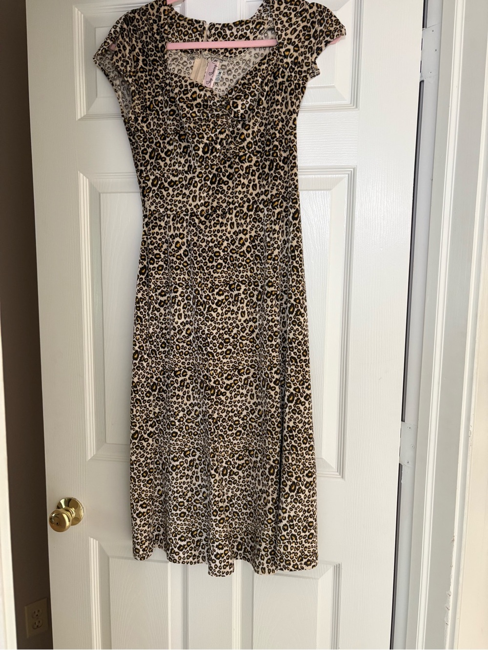 Stop Staring Beige and Black Leopard Print Cap Sleeve Midi Dress
